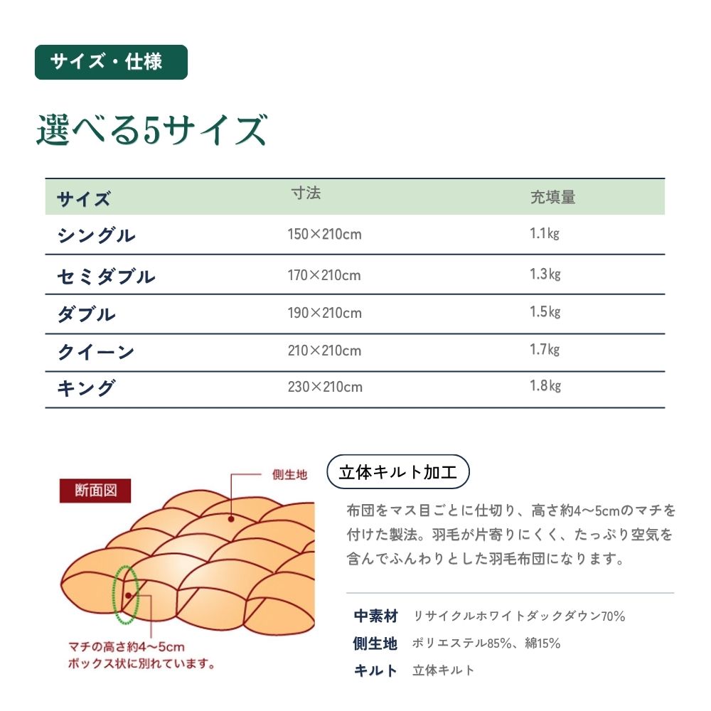 ザ・グリーンダウン羽毛布団 2000 ニューグリーンラベル (清浄度2,000mmタイプ) クイーンサイズ 約210×210センチ