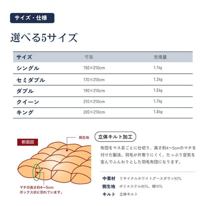 ザ・グリーンダウン羽毛布団 3000 ロイヤルグリーンラベル (清浄度3,000mm 高洗浄タイプ) セミダブルサイズ 約170×210センチ